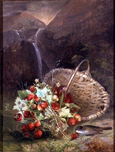 Racimo de fresas silvestres junto a una cesta de A. de Brus