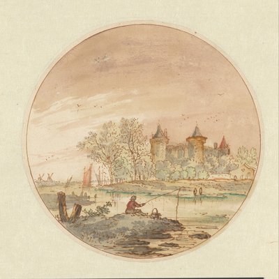 Paisaje con un pescador y un castillo de Aarnout ter Himpel
