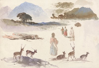 Lámina de Estudios de ciervos, figuras y paisaje de Aaron Edwin Penley