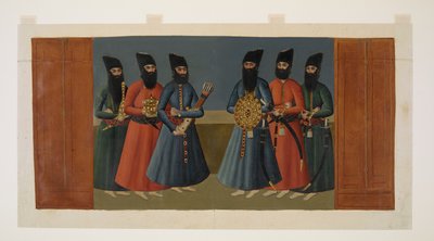 Añadir Or. 1242 Los "ghulams" que llevan el escudo del Sha, el carcaj y otra parafernalia real, detalle de la "Copia reducida del mural del Palacio de Nigaristán de Abdallah (after) Khan