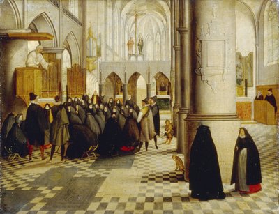 Servicio de iglesia. Pintura de Abel Grimmer (1570-1619), óleo sobre madera de Abel Grimmer or Grimer