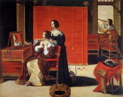 Los cinco sentidos: La vista. Una joven frente a su espejo mientras un hombre usa un anteojo astronómico. Pintura de Abraham Bosse (1602-1676). Siglo XVII. Tours, Museo de Bellas Artes de Abraham (after) Bosse