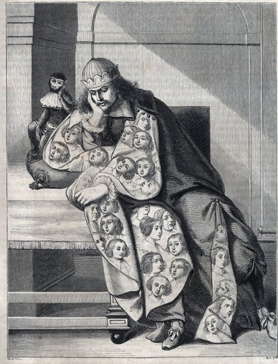 El hombre lleno de malicia: un hombre con un abrigo doble de cabezas de mujeres medita con un mono a su lado. Reproducción de una estampa de Abraham Bosse (1604-1676) de Abraham (after) Bosse