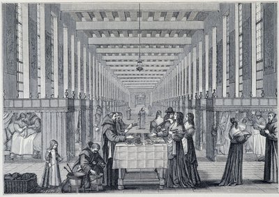 Vista interior de la enfermería del Hospital de la Caridad (también llamado el hospital de los Hermanos de San Juan de Dios), en París - Grabado según Abraham Bosse (1602-1676) - publicado en el siglo XVII - Instituciones: usos y costumbres, Francia 1590-1 de Abraham (after) Bosse