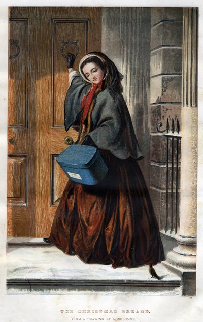 Carreras navideñas: una joven elegante llama a la puerta de una casa con un paquete en la mano, ilustración de un dibujo de Abraham Solomon (1824-1862) de Abraham (after) Solomon
