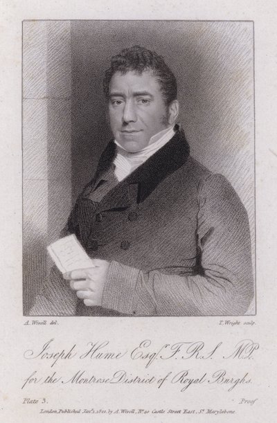 Joseph Hume, médico, político y diputado radical escocés (grabado) de Abraham (after) Wivell
