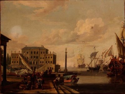 Un capricho de un puerto mediterráneo con comerciantes y barcos anclados de Abraham (follower of) Storck