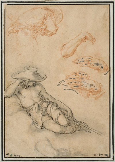 Un pastor descansando, estudios separados de su pierna y brazo, un hombre visto de espaldas y dos manos de Abraham Bloemaert