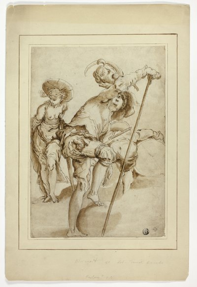 Un soldado de pie, una mujer de pie y un tamborilero encorvado. de Abraham Bloemaert