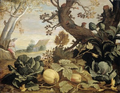 Paisaje con frutas y verduras en primer plano de Abraham Bloemaert