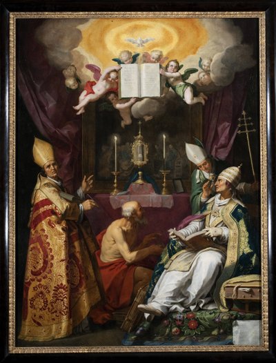""los cuatro padres de la iglesia"" Representación de San Ambrosio de Milán, San Agustín de Hipona, San Gregorio Magno y San Jerónimo - Pintura de Abraham Bloemaert (1566-1651) de Abraham Bloemaert