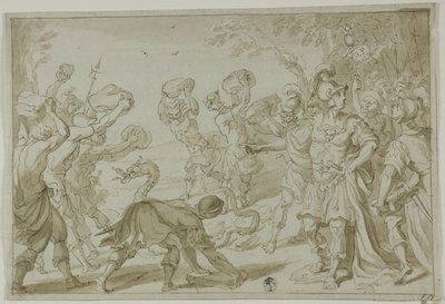 Soldados romanos apedreando una serpiente de Abraham Bloemaert