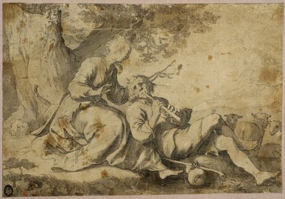 Pastor y pastora descansando bajo un viejo árbol de Abraham Bloemaert