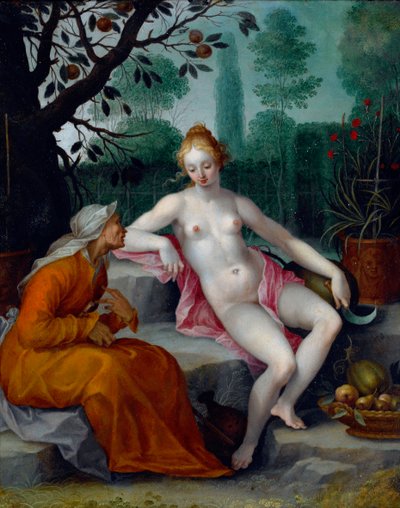 Vertumnus y Pomona (el dios de las estaciones se disfraza de anciana para entrar en el huerto de la ninfa) - Pintura de Abraham Bloemaert (1566-1651), óleo sobre cobre, hacia 1605 - (Vertumnus y Pomona, de Abraham Bloemaert, óleo sobre cobre, c1605) de Abraham Bloemaert