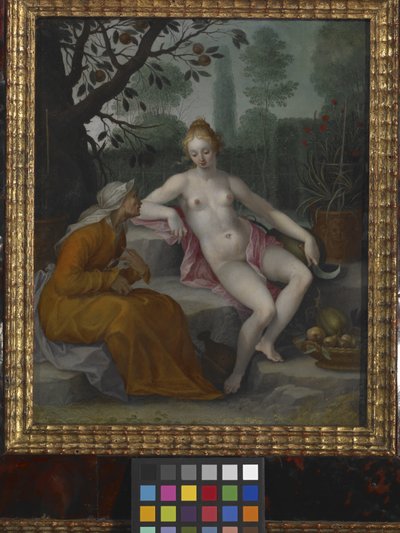Vertumnus y Pomona (óleo sobre cobre) de Abraham Bloemaert