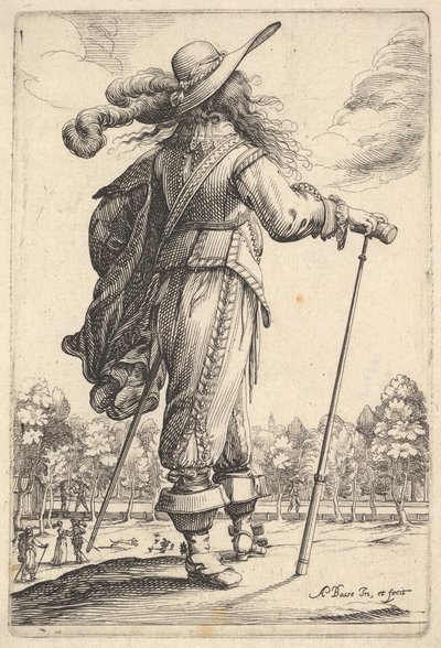 Un caballero, visto desde atrás, caminando hacia la derecha con un bastón y llevando un sombrero con plumas, 1629 de Abraham Bosse