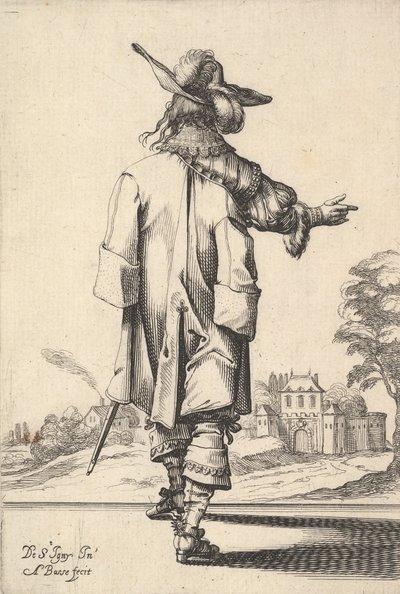 Un caballero, visto desde atrás, con su brazo derecho extendido y una capa sobre su hombro izquierdo, 1629 de Abraham Bosse