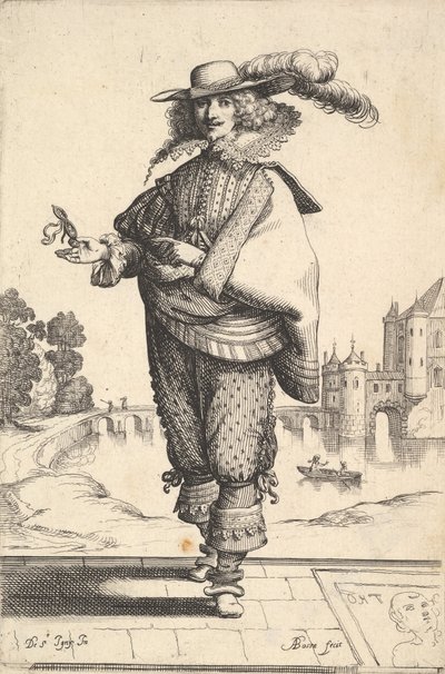 Un caballero de pie frente a un gran castillo y con un sombrero con plumas y un collar de encaje, 1629 de Abraham Bosse