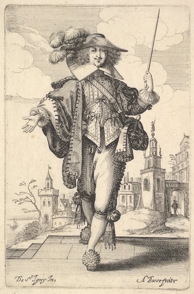 Un caballero caminando hacia adelante, con su brazo derecho extendido y un látigo en su mano izquierda, 1629 de Abraham Bosse