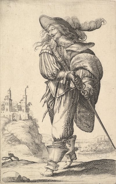 Un caballero, caminando hacia la izquierda y sacando su espada de la vaina, con un sombrero de plumas, 1629 de Abraham Bosse