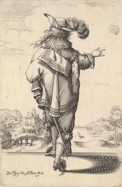 Un caballero con sombrero emplumado y espada, visto desde atrás, con el brazo derecho extendido..., 1629 de Abraham Bosse