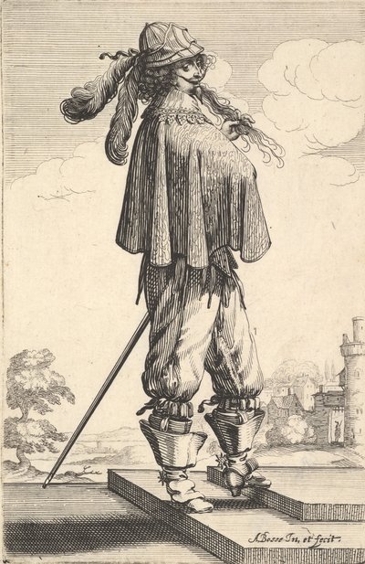 Un caballero con un abrigo corto, un casco y botas con espuelas, de pie en los escalones de Abraham Bosse