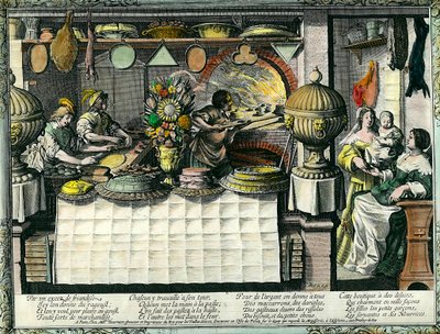 Una pastelería en el siglo XVII: la trastienda donde los panaderos y pasteleros hacen y cocinan pasteles y panes, y los clientes en la tienda. Molde de pastel colgado en la pared. Grabado de Abraham Bosse (1602-1676) de Abraham Bosse