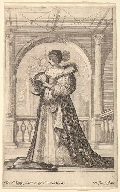 Una mujer de pie, de perfil hacia la izquierda, con sombrero y cuello de encaje, leyendo..., ca. 1629 de Abraham Bosse
