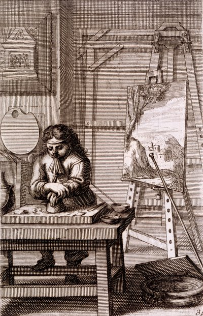 Aprendiz de artista limpiando una placa de grabado, de 