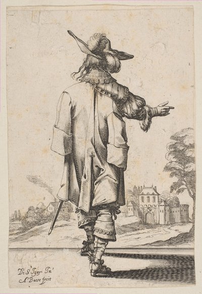 Caballero visto desde atrás señalando hacia un castillo, 1629 de Abraham Bosse