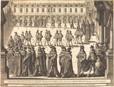 Marcha del Rey y los Caballeros del Espíritu Santo en el patio de Fontainebleau de Abraham Bosse
