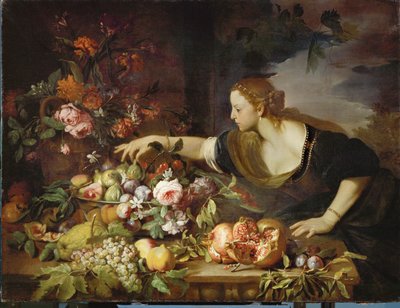 Femme prenant des fruits - una mujer tomando fruta ... de Abraham Brueghel