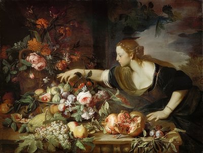 Mujer con flores y frutas. 1669 de Abraham Brueghel
