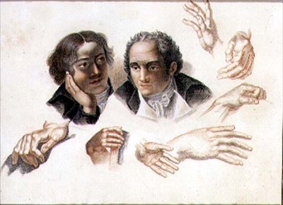 Estudios de las cabezas y manos de dos caballeros de Abraham Constantin