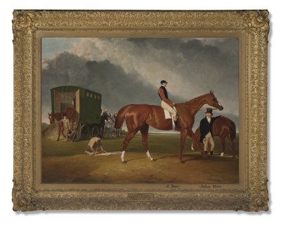 Retrato del caballo de Lord George Bentinck, Elis, con jinete, John Day, y entrenador, John Doe, Doncaster, 1836 de Abraham Cooper