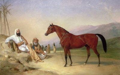 Dos beduinos con un semental árabe bayo en el desierto de Abraham Cooper