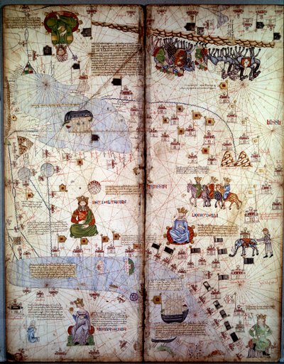 Cartografía: Mapa de Cathay (Catai) antiguo nombre de la China mongola en Asia Central y Europa. Están: Delhi (India), con el Mar de Aral, el Río Volga, el Mar Caspio, el Cáucaso, el Éufrates, la Península Arábiga y las ciudades de Dehli (India) de Abraham Cresques
