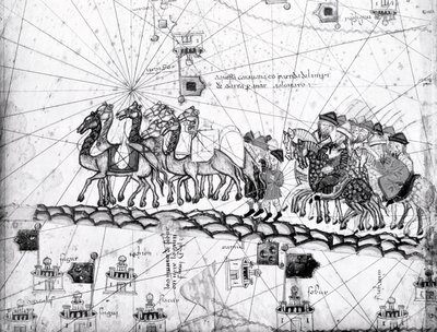 Ms Esp 20 panel 4, Comerciantes viajando a Cathay, China, siguiendo los pasos de Marco Polo, detalle mostrando a la familia de Marco Polo viajando en caravana de camellos, del Atlas Catalán publicado para Charl de Abraham Cresques