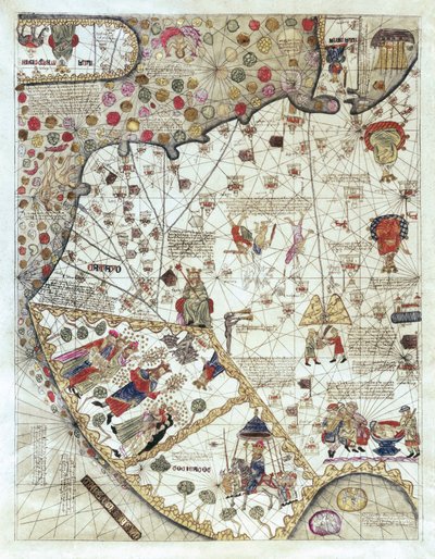Mapa de China (Cathay), con descripciones de pequeñas escenas, delimitación de los reinos con su soberano representado cada vez de Abraham and Cresques Jehuda Cresques