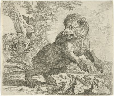Oso atacado por perros Diferentes animales (título de la serie) de Abraham Danielsz. Hondius