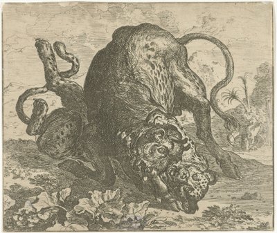 leopardo y toro Diferentes animales (título de la serie) de Abraham Danielsz. Hondius