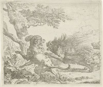 Puercoespín atacado por perros Diferentes animales (título de la serie) de Abraham Danielsz. Hondius