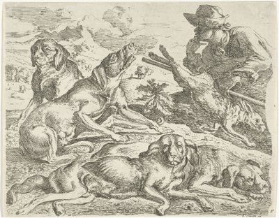 Cuatro perros, un cazador y una liebre. de Abraham Danielsz. Hondius