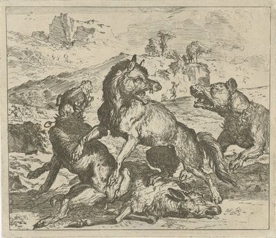 Lobo atacado por perros Diferentes animales (título de la serie) de Abraham Danielsz. Hondius