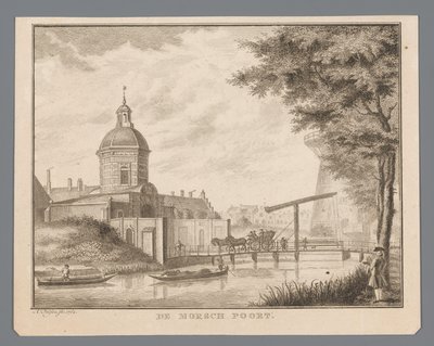 Vista del Morspoort en Leiden The Morsch Gate (título sobre el objeto) de Abraham Delfos