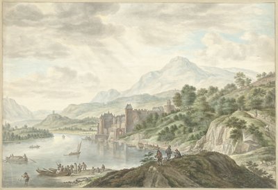 Paisaje de colinas con un castillo en un río de Abraham Delfos