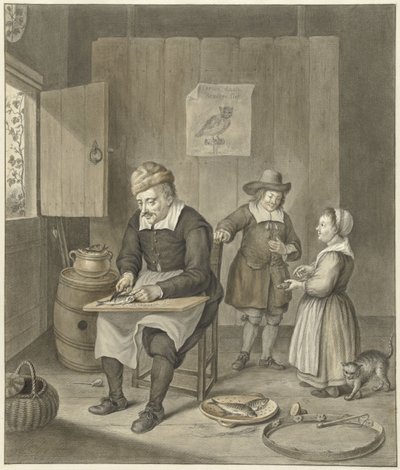 Interior con hombre limpiando pescado y dos niños de Abraham Delfos