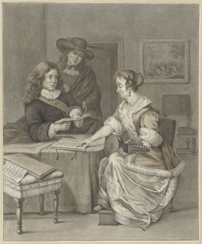 Pareja haciendo música, un hombre mira de Abraham Delfos