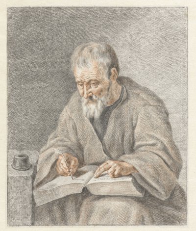 Anciano, escribiendo en un libro de Abraham Delfos