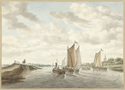 Paisaje fluvial con varias barcazas de Abraham Delfos
